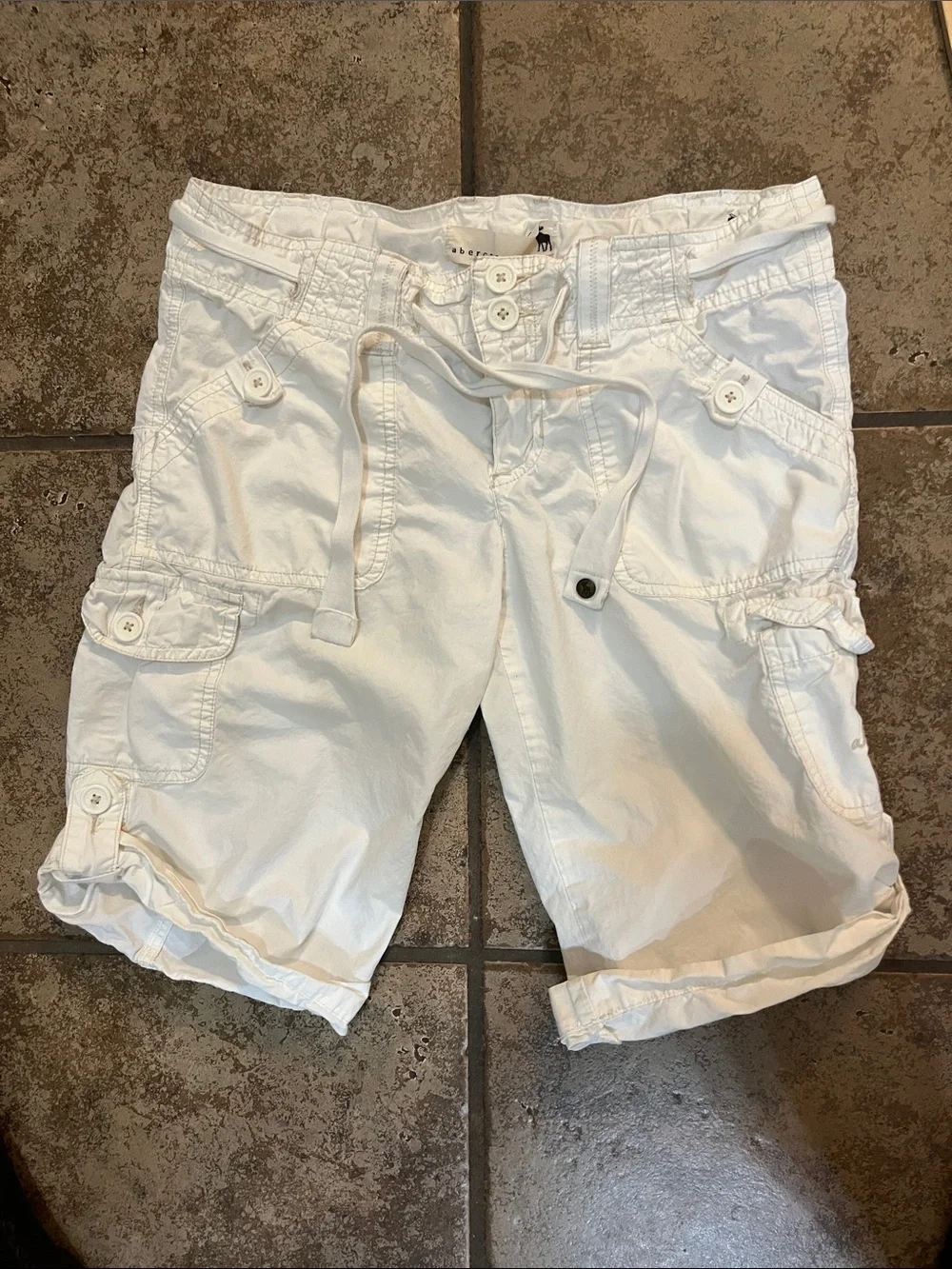 abercrombie kids White Cargo Shorts with Drawstring and Button Pockets Y2K
